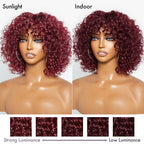 Glueless Curly T-Part Lace Human Hair Wig - Red with Bangs | 10"-28"