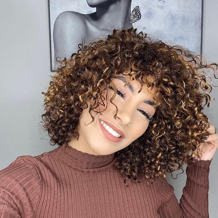 Glueless Curly Human Hair Wig - Highlight with Bangs | 10"-28"