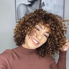 Glueless Curly Human Hair Wig - Highlight with Bangs | 10"-28"