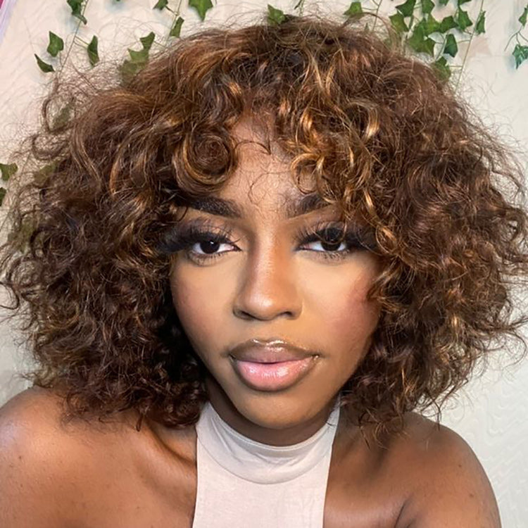 Glueless Curly Human Hair Wig - Highlight with Bangs | 10"-28"