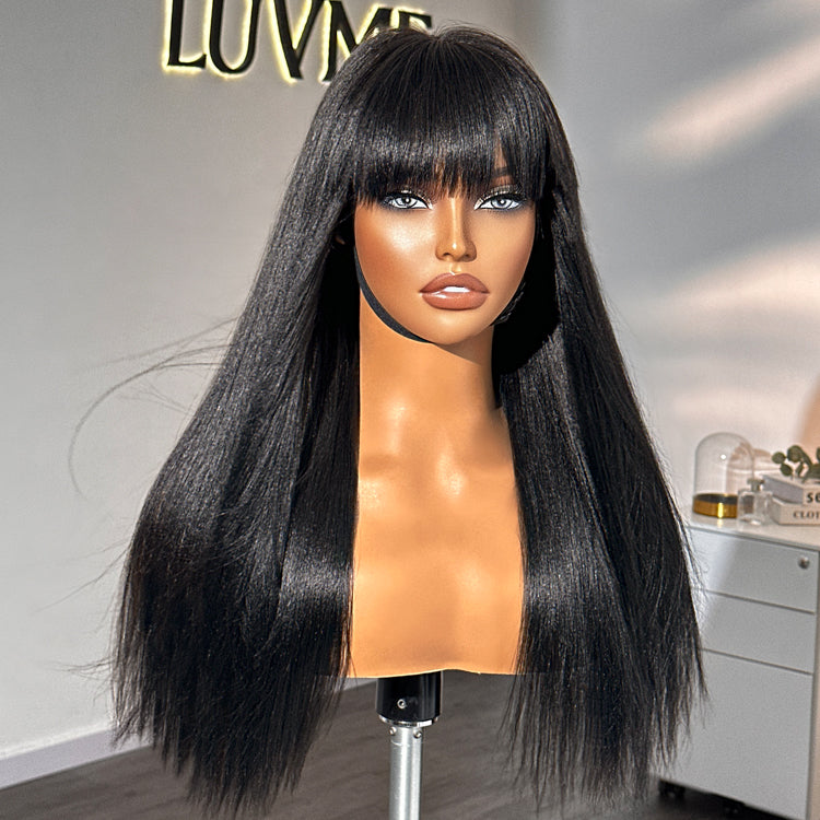 Glueless HD Lace Kinky Straight T-Part Lace Human Hair Wig - Grey with Bangs | 10"-28"