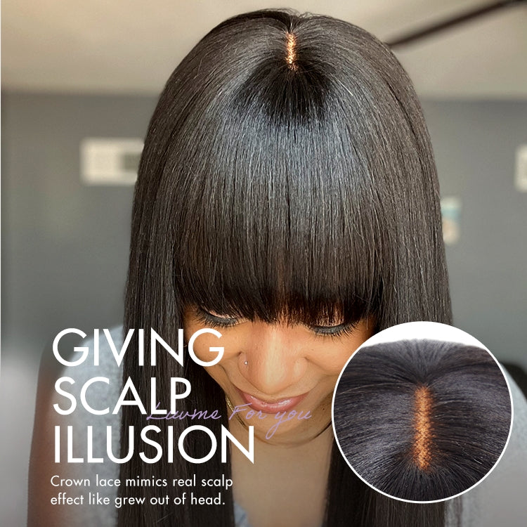 Glueless HD Lace Kinky Straight T-Part Lace Human Hair Wig - Grey with Bangs | 10"-28"