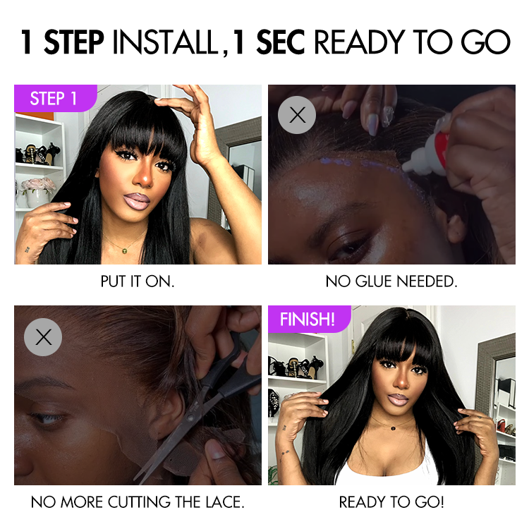 Glueless HD Lace Kinky Straight T-Part Lace Human Hair Wig - Grey with Bangs | 10"-28"