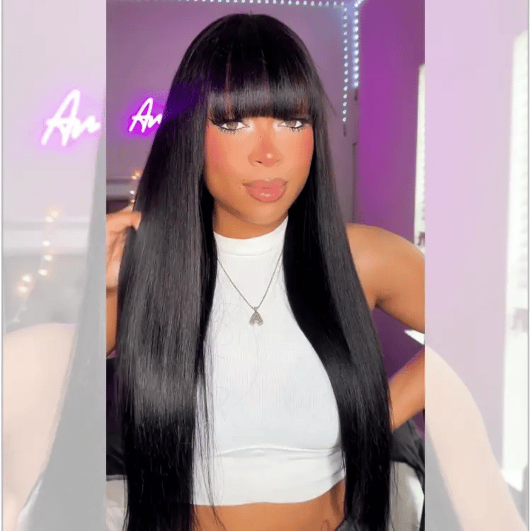 Glueless HD Lace Kinky Straight T-Part Lace Human Hair Wig - Grey with Bangs | 10"-28"