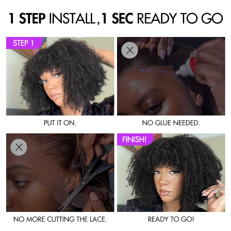 Glueless Curly Human Hair Wig with Bangs | 10"-28"