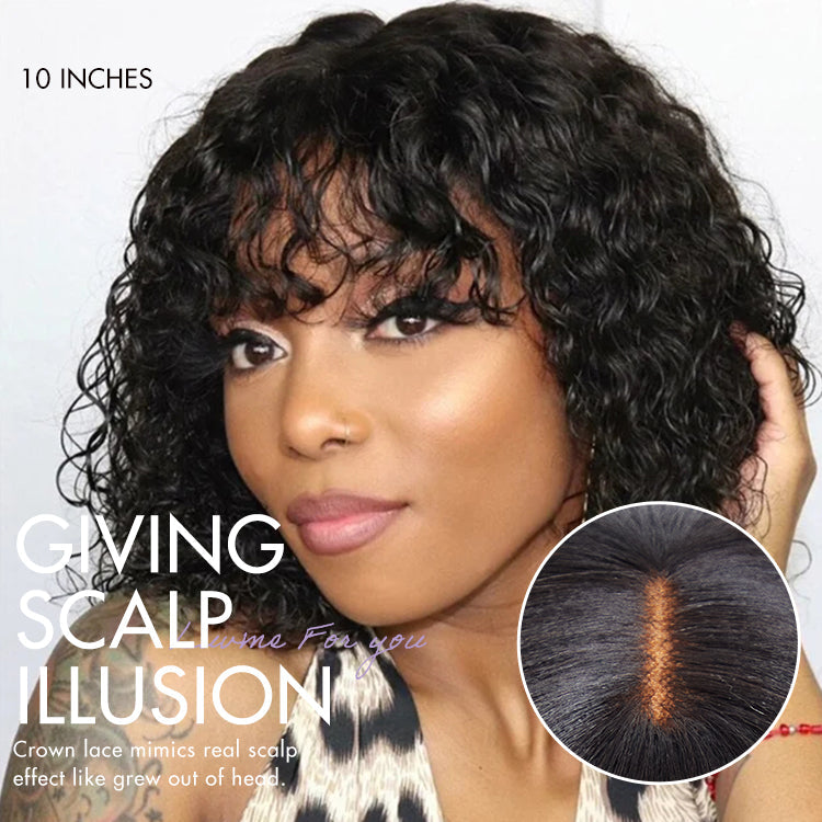 Glueless Water Wave U-Part Human Hair Wig - Brown with Bangs | 8"-14"