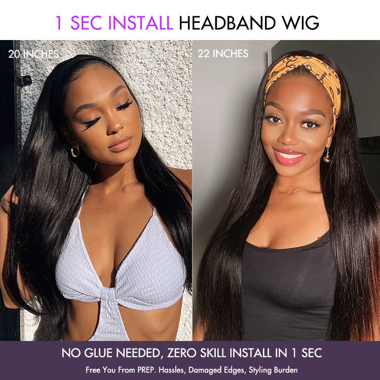 Glueless Straight Headband Human Hair Wig with Bangs | 8"-14"