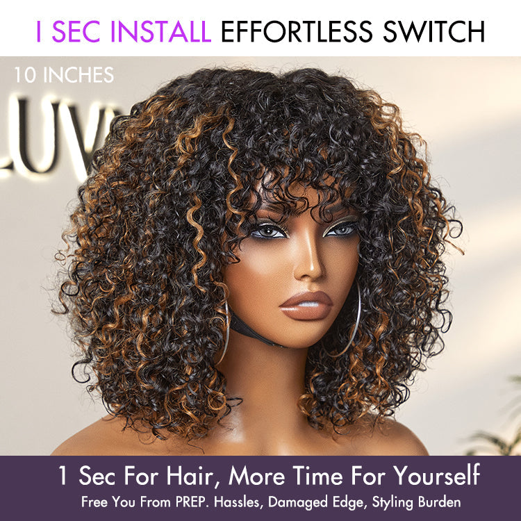 Glueless Water Wave U-Part Human Hair Wig - Brown with Bangs | 8"-14"