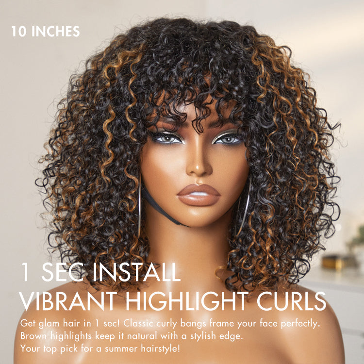 Glueless Water Wave U-Part Human Hair Wig - Brown with Bangs | 8"-14"