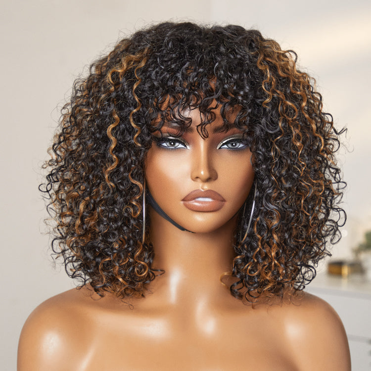 Glueless Curly T-Part Lace Human Hair Wig with Bangs | 8"-14"