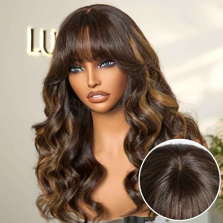 Glueless Loose Wave T-Part Lace Human Hair Wig - Red with Bangs | 10"-28"