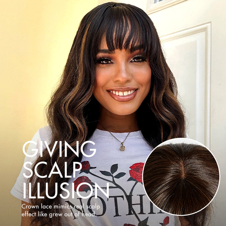 Glueless Loose Wave T-Part Lace Human Hair Wig - Red with Bangs | 10"-28"