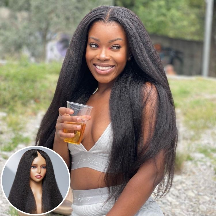 Glueless Kinky Straight V-Part Human Hair Wig | 8"-14"