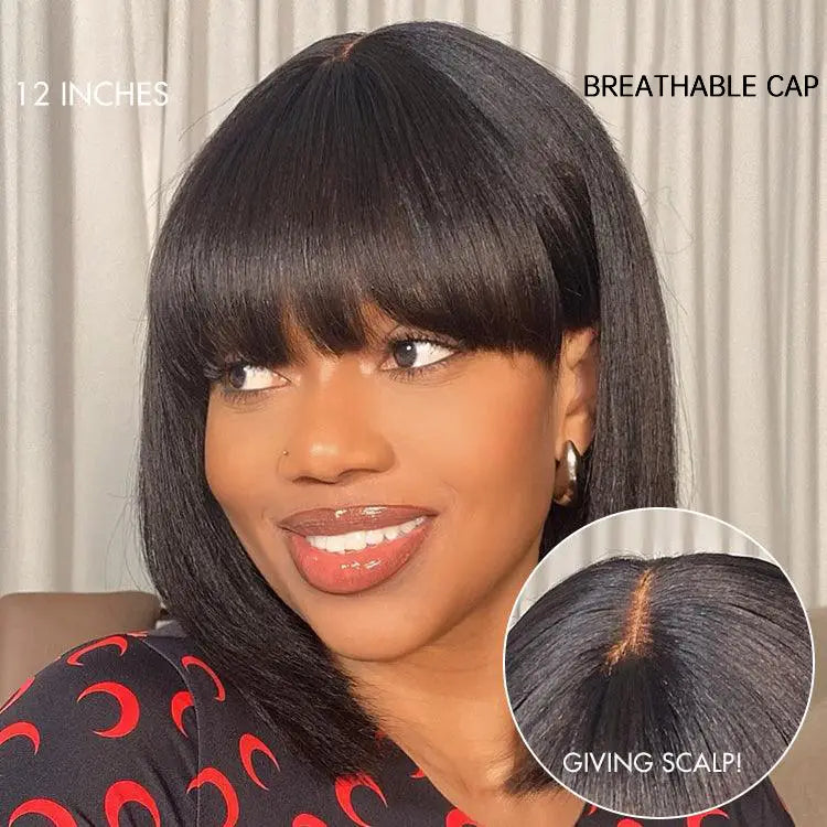 Glueless Layered Human Hair Wig - Purple with Bangs | 8"-14"