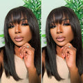 Glueless Kinky Straight T-Part Lace Human Hair Wig with Bangs | 10"-28"