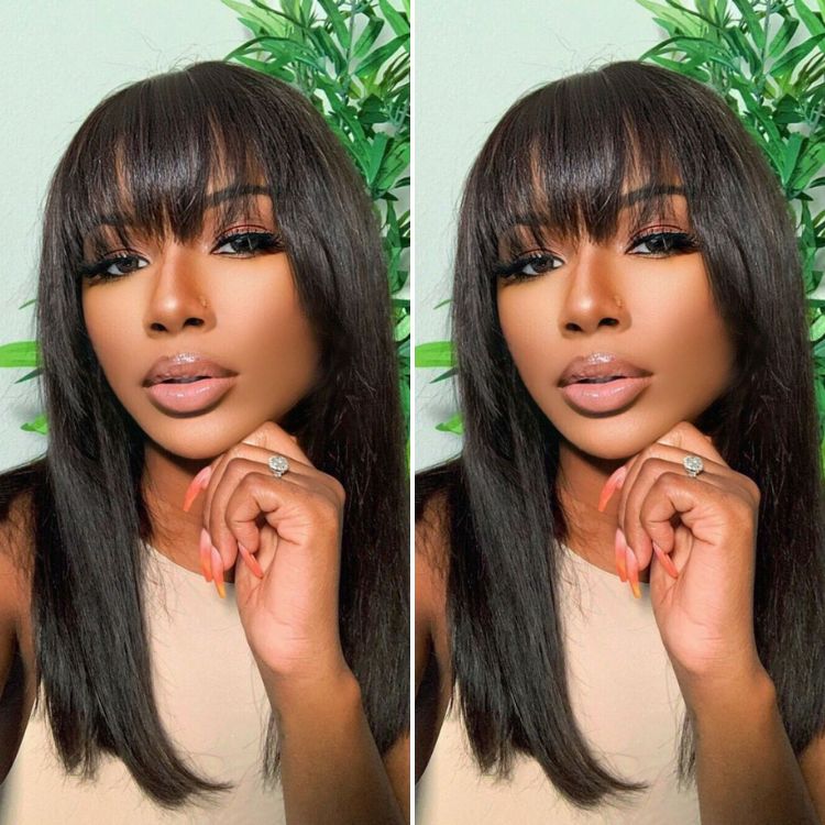 Glueless Kinky Straight T-Part Lace Human Hair Wig with Bangs | 10"-28"