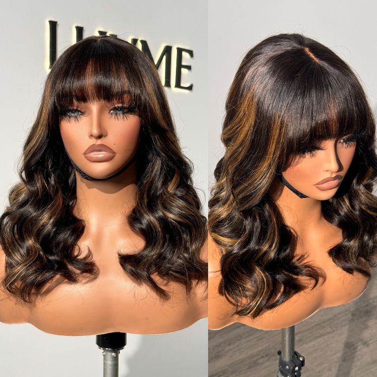 Glueless Loose Wave T-Part Lace Human Hair Wig - Red with Bangs | 10"-28"