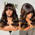 Glueless Loose Wave T-Part Lace Human Hair Wig - Red with Bangs | 10"-28"