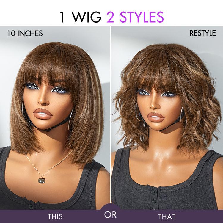 Glueless Layered Human Hair Wig - Purple with Bangs | 8"-14"