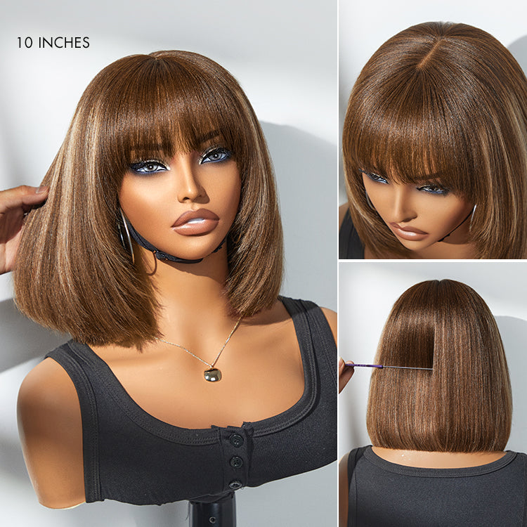 Glueless Layered Human Hair Wig - Purple with Bangs | 8"-14"