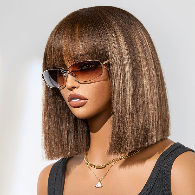Glueless Bob Human Hair Wig - Highlight with Bangs | 8"-14"