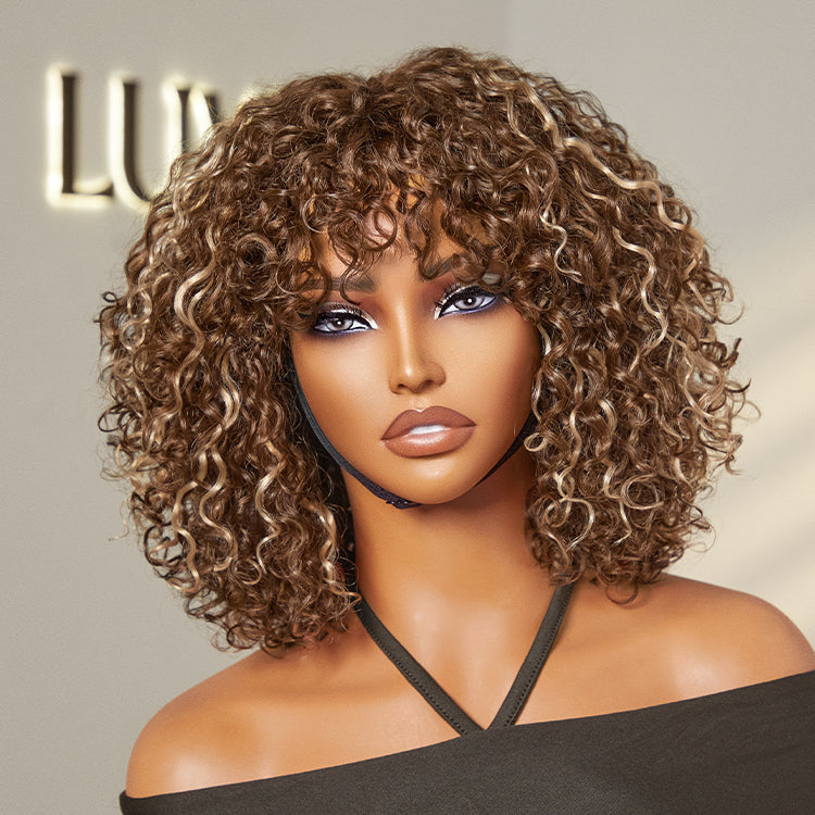 Glueless Curly T-Part Lace Human Hair Wig with Bangs | 8"-14"