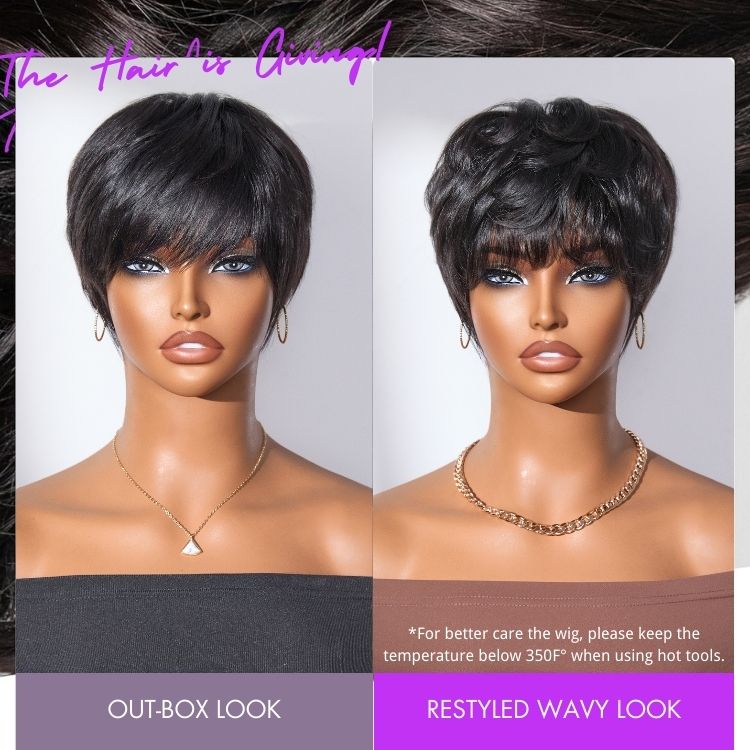 Glueless Pixie Human Hair Wig - Grey with Bangs | 8"-14"