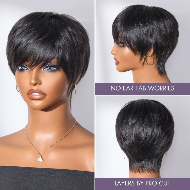 Glueless Pixie Human Hair Wig - Grey with Bangs | 8"-14"