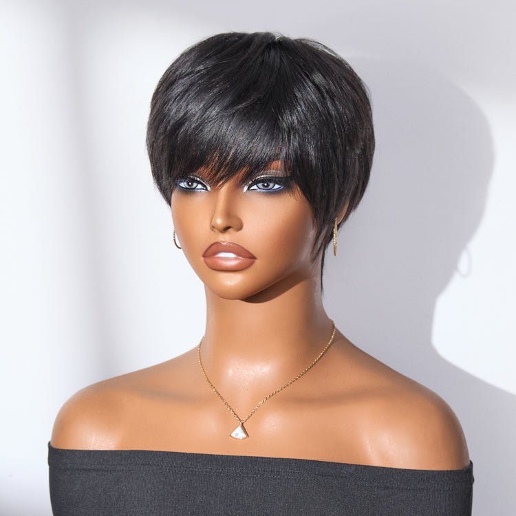 Glueless Pixie Human Hair Wig - Grey with Bangs | 8"-14"