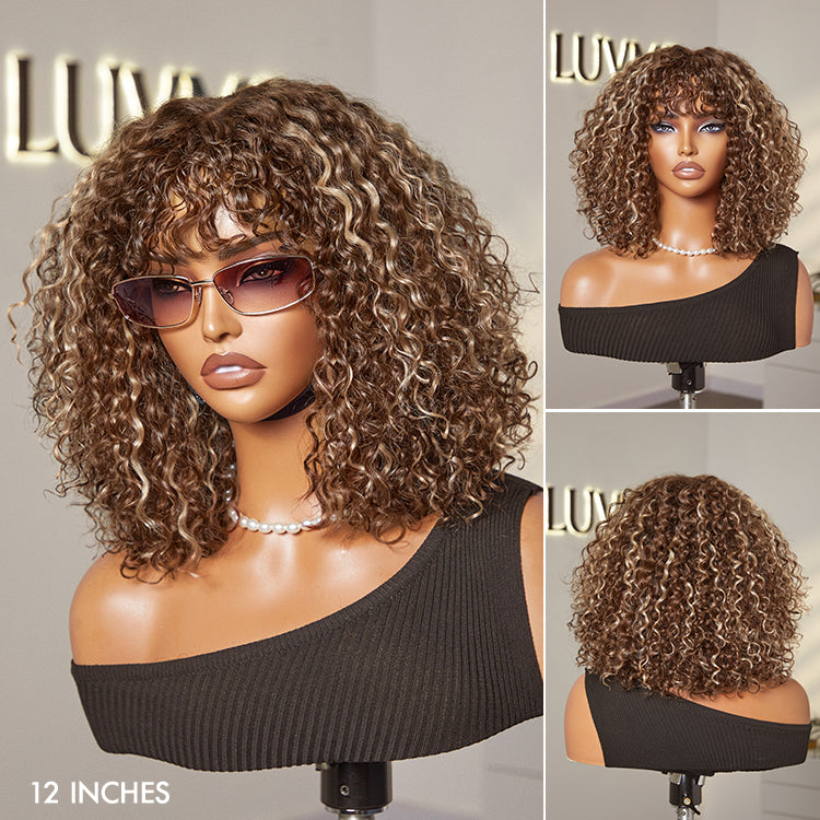 Glueless Water Wave U-Part Human Hair Wig - Brown with Bangs | 8"-14"