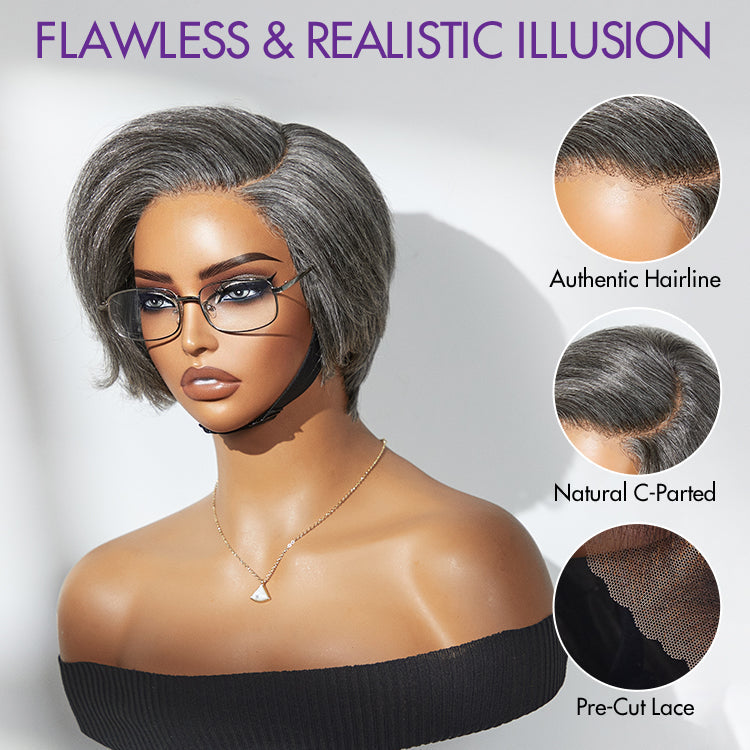 Glueless HD Lace Pixie T-Part Lace Human Hair Wig - Grey | 8"-14"