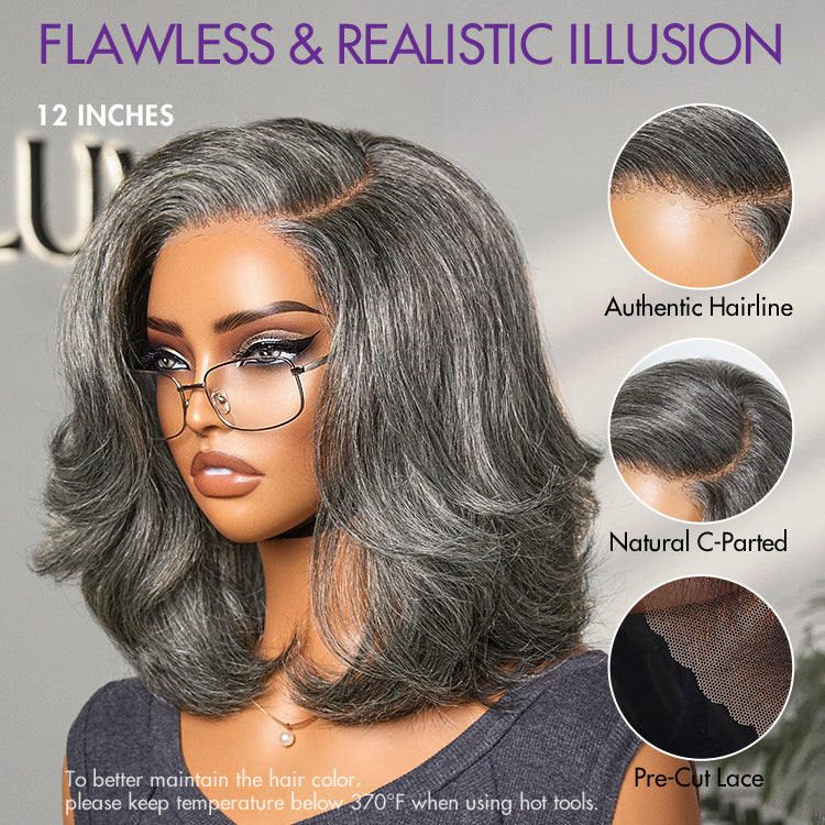 Glueless Layered T-Part Lace Human Hair Wig - Grey | 8"-14"