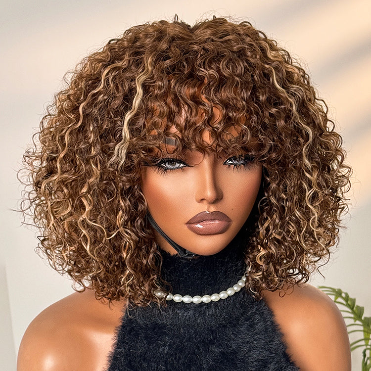 Glueless Curly Human Hair Wig - Highlight with Bangs | 10"-28"
