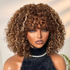 Glueless Curly Human Hair Wig - Highlight with Bangs | 10"-28"