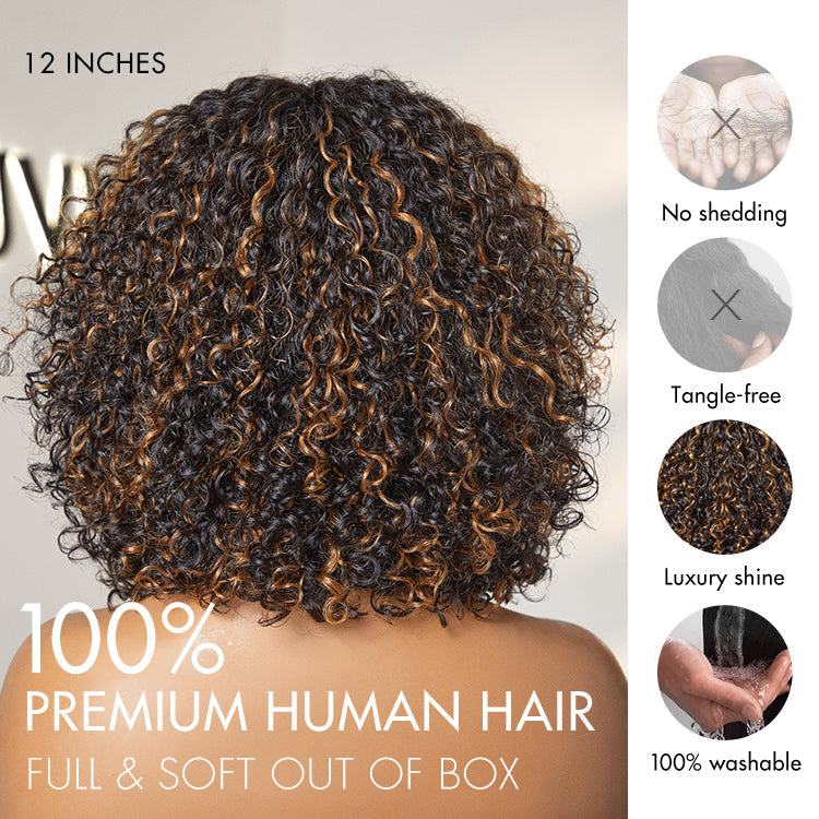 Glueless Curly U-Part Human Hair Wig - Brown with Bangs | 8"-14"
