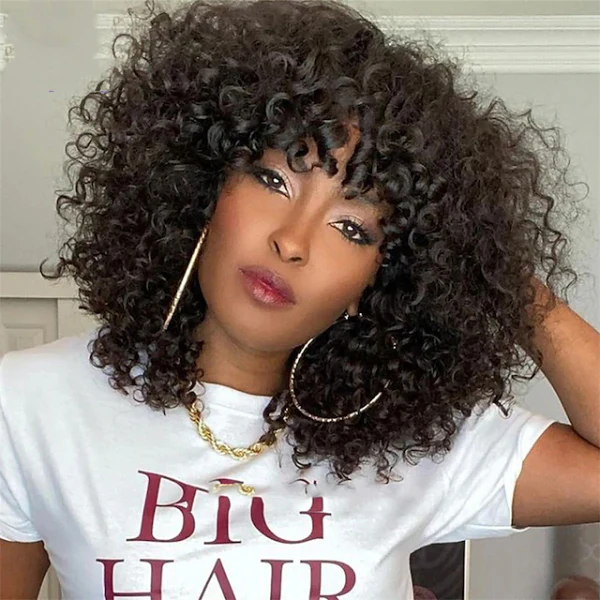 Glueless Water Wave U-Part Human Hair Wig - Brown with Bangs | 8"-14"