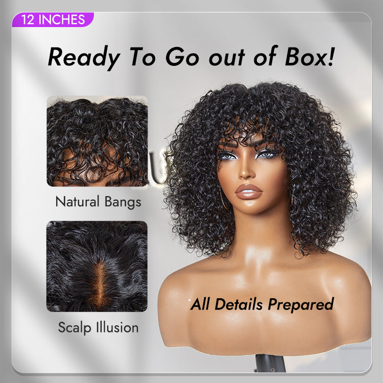 Glueless Curly T-Part Lace Human Hair Wig with Bangs | 8"-14"