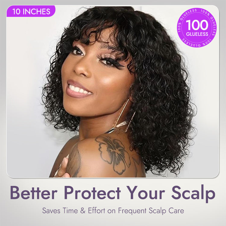 Glueless Curly U-Part Human Hair Wig - Brown with Bangs | 8"-14"