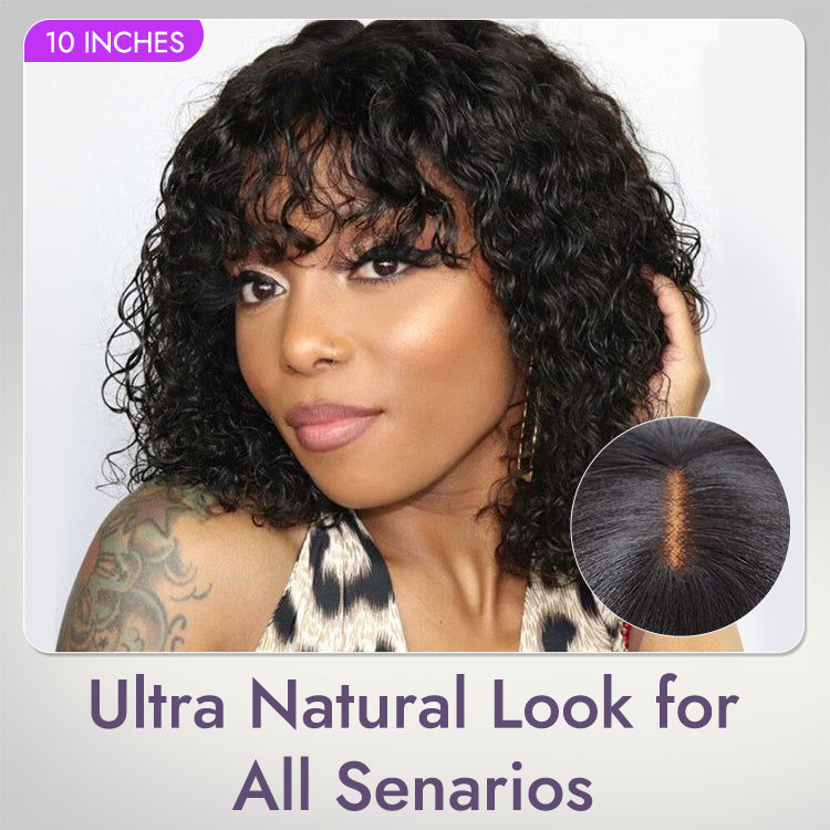 Glueless Curly U-Part Human Hair Wig - Brown with Bangs | 8"-14"