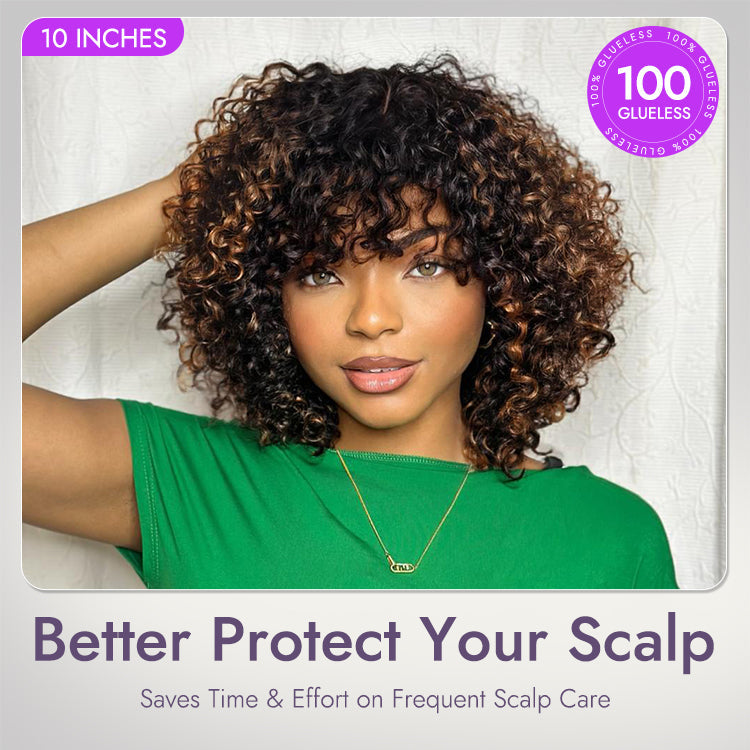 Glueless Curly Human Hair Wig - Grey with Bangs | 8"-14"