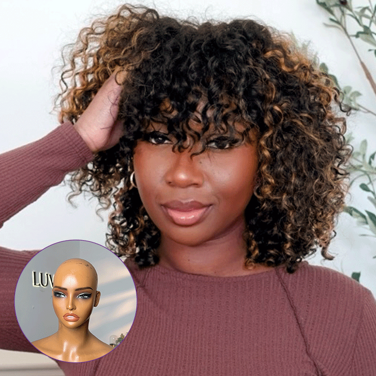 Glueless Curly Human Hair Wig - Grey with Bangs | 8"-14"
