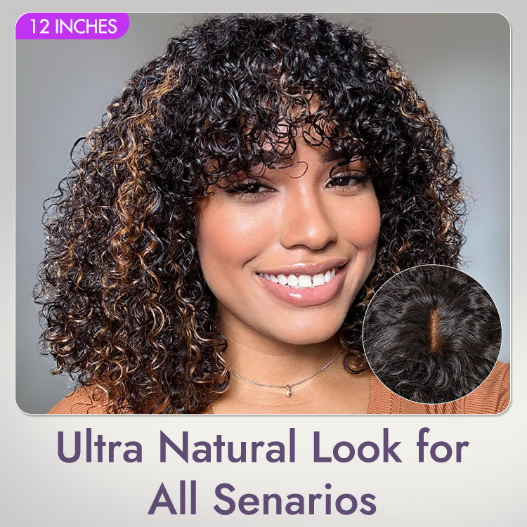 Glueless Curly Human Hair Wig - Grey with Bangs | 8"-14"