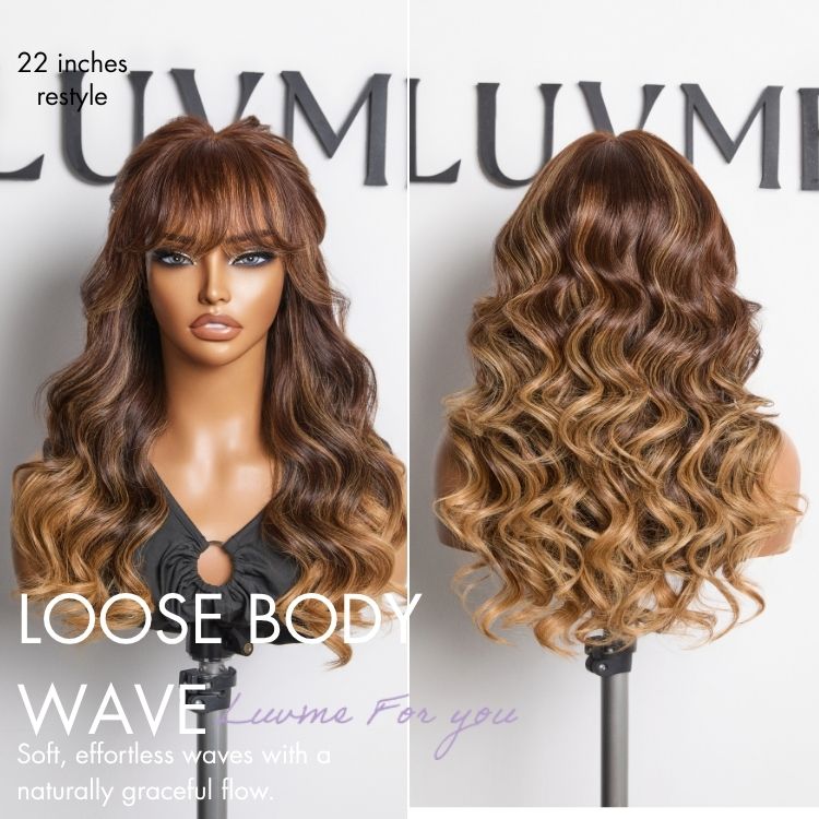 Glueless HD Lace Body Wave T-Part Lace Human Hair Wig - Highlight with Bangs 180% Density | 10"-28"