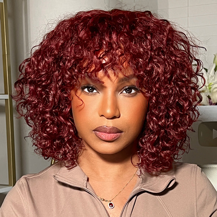 Glueless Curly T-Part Lace Human Hair Wig - Red with Bangs | 10"-28"