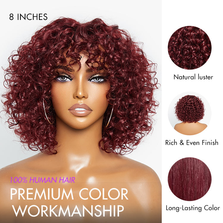 Glueless Curly T-Part Lace Human Hair Wig - Red with Bangs | 10"-28"