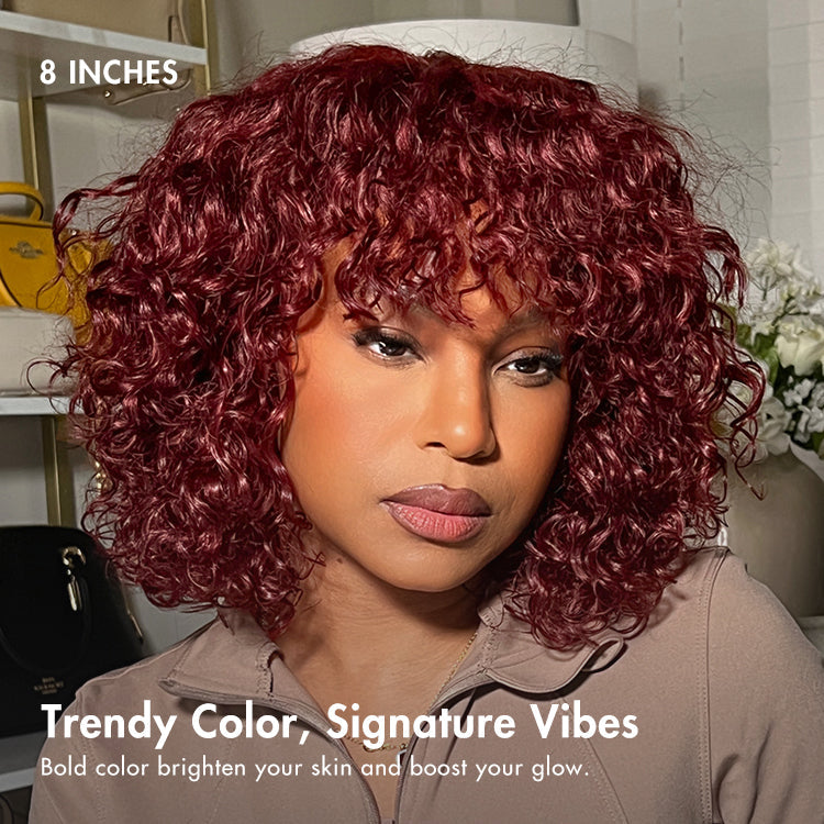 Glueless Curly T-Part Lace Human Hair Wig - Red with Bangs | 10"-28"