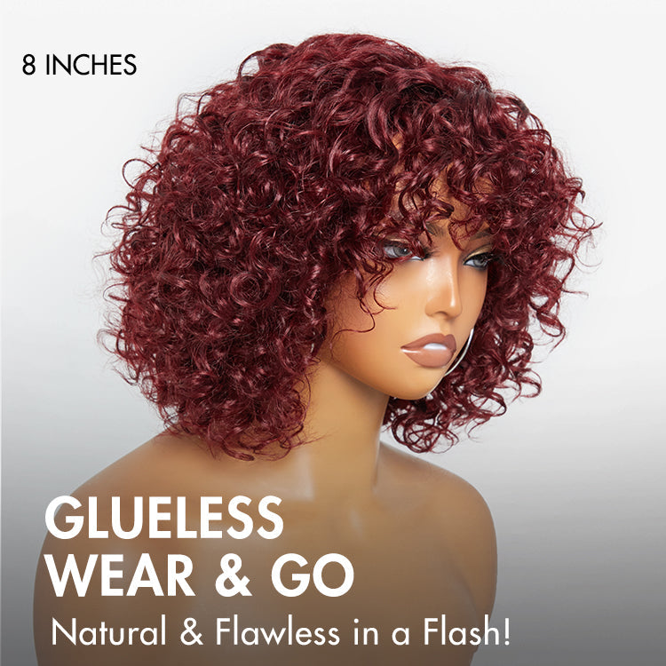 Glueless Curly T-Part Lace Human Hair Wig - Red with Bangs | 10"-28"