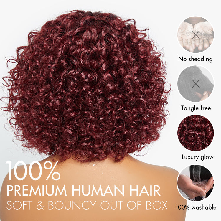Glueless Curly T-Part Lace Human Hair Wig - Red with Bangs | 10"-28"