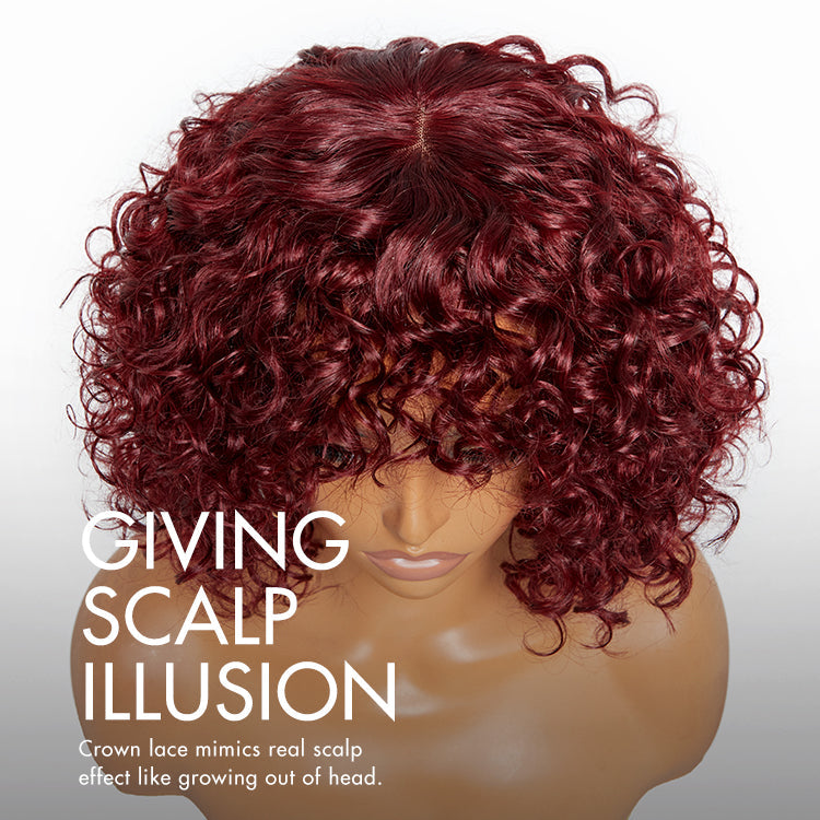 Glueless Curly T-Part Lace Human Hair Wig - Red with Bangs | 10"-28"