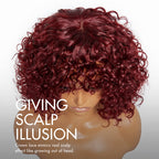 Glueless Curly T-Part Lace Human Hair Wig - Red with Bangs | 10"-28"